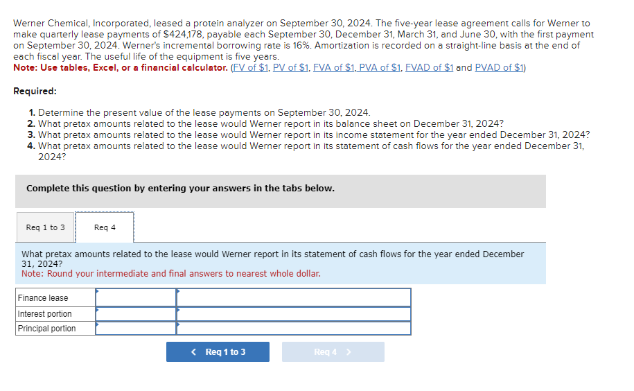 Werner Chemical, Incorporated, leased a protein analyzer on September 30, 2024. The five-year lease agreement calls for Werner to
make quarterly lease payments of $424,178, payable each September 30, December 31, March 31, and June 30, with the first payment
on September 30, 2024. Werner's incremental borrowing rate is 16%. Amortization is recorded on a straight-line basis at the end of
each fiscal year. The useful life of the equipment is five years.
Note: Use tables, Excel, or a financial calculator. (FV of $1, PV of $1, FVA of $1, PVA of $1, FVAD of $1 and PVAD of $1)
Required:
1. Determine the present value of the lease payments on September 30, 2024.
2. What pretax amounts related to the lease would Werner report in its balance sheet on December 31, 2024?
3. What pretax amounts related to the lease would Werner report in its income statement for the year ended December 31, 2024?
4. What pretax amounts related to the lease would Werner report in its statement of cash flows for the year ended December 31,
2024?
Complete this question by entering your answers in the tabs below.
Req 1 to 3
Req 4
What pretax amounts related to the lease would Werner report in its statement of cash flows for the year ended December
31, 2024?
Note: Round your intermediate and final answers to nearest whole dollar.
Finance lease
Interest portion
Principal portion
< Req 1 to 3
Req 4 >