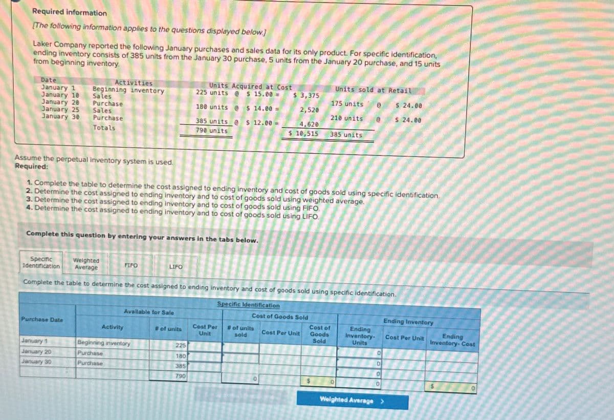 Required information
[The following information applies to the questions displayed below.]
Laker Company reported the following January purchases and sales data for its only product. For specific identification,
ending inventory consists of 385 units from the January 30 purchase, 5 units from the January 20 purchase, and 15 units
from beginning inventory.
Date
January 1
January 10
January 20
January 25
Activities
Beginning inventory
Sales
Purchase
Sales
January 30
Purchase
Totals
Units Acquired at Cost
225 units @$ 15.00 =
180 units @ $ 14.00 =
385 units @ $ 12.00 =
790 units
Units sold at Retail
$ 3,375
2,520
4,620
$ 10,515
175 units
210 units
0
$ 24.00
$ 24.00
385 units
Assume the perpetual inventory system is used.
Required:
1. Complete the table to determine the cost assigned to ending inventory and cost of goods sold using specific identification.
2. Determine the cost assigned to ending inventory and to cost of goods sold using weighted average.
3. Determine the cost assigned to ending inventory and to cost of goods sold using FIFO.
4. Determine the cost assigned to ending inventory and to cost of goods sold using LIFO
Complete this question by entering your answers in the tabs below.
Specific
Identification
Weighted
Average
FIFO
LIFO
Complete the table to determine the cost assigned to ending inventory and cost of goods sold using specific identification.
Specific Identification
Available for Sale
Cost of Goods Sold
Ending Inventory
Purchase Date
Activity
# of units
Cost Per
Unit
# of units
sold
Cost of
Cost Per Unit
Goods
Sold
Ending
Inventory-
Units
Cost Per Unit
Ending
Inventory-Cost
January 1
January 20
January 30
Beginning inventory
Purchase
225
0
180
D
Purchase
385
이
790
$ 0
D
$
0
Weighted Average >