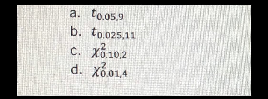 a. to.05,9
b. to.025,11
C. X.10.2
d. X3.01,4