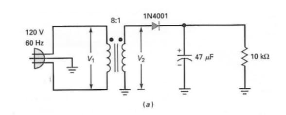 1N4001
8:1
120 V
60 Hz
V2
47 µF
10 k2
(a)
