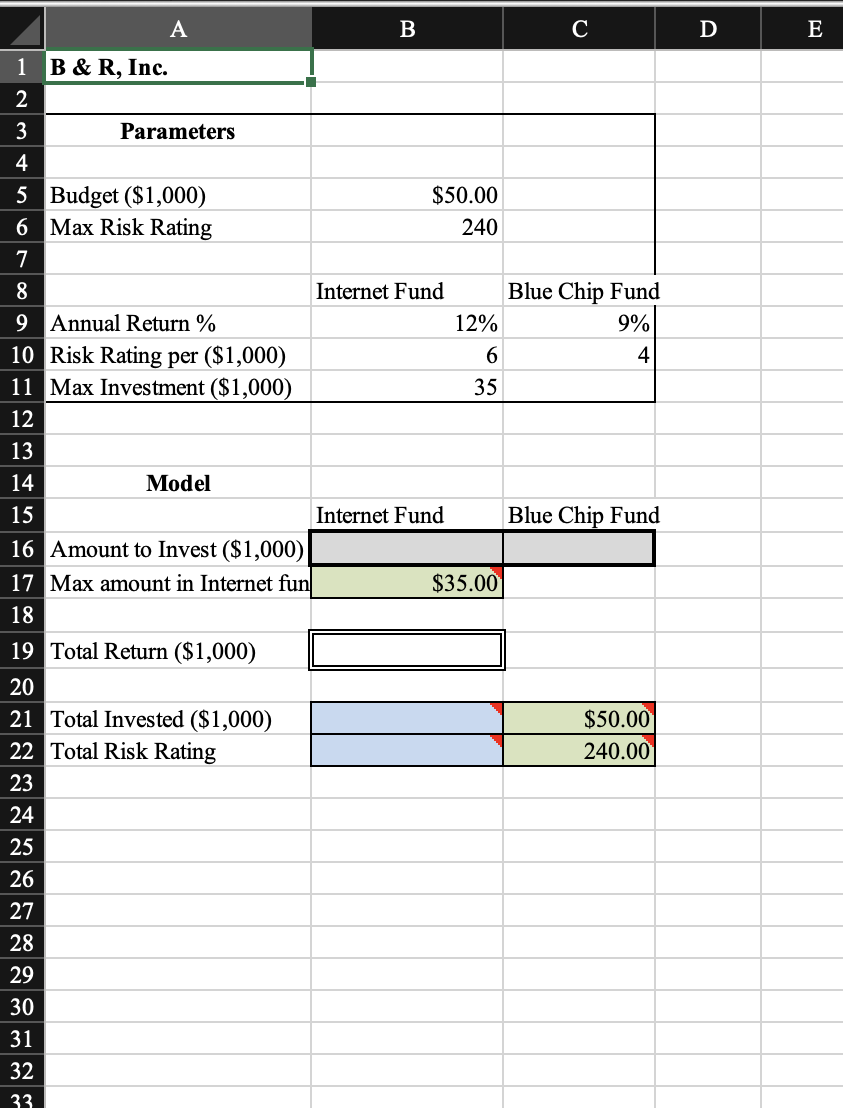 A
1 B & R, Inc.
2
3
4
5 Budget ($1,000)
6
Max Risk Rating
7
8
9 Annual Return%
10 Risk Rating per ($1,000)
11 Max Investment ($1,000)
12
Parameters
13
14
15
16 Amount to Invest ($1,000)
17 Max amount in Internet fun
18
19 Total Return ($1,000)
Model
20
21 Total Invested ($1,000)
22 Total Risk Rating
23
24
25
26
27
28
29
30
31
32
33
B
$50.00
240
Internet Fund
Internet Fund
12%
6
35
$35.00
C
Blue Chip Fund
9%
4
Blue Chip Fund
$50.00
240.00
D
E