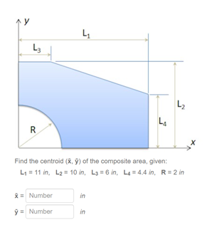 L
L3
L2
R
Find the centroid (8, 9) of the composite area, given:
L1 = 11 in, La = 10 in, L3 = 6 in, L4 = 4.4 in, R= 2 in
*= Number
in
ý= Number
in
