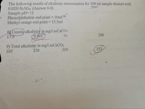 The following results of alkalinity determination for 100 ml sample titrated with
0.02N H,SO. (Answer 8-9)
Sample pH- 11
Phenolphthalein end point 10ml
Methyl orange end point = 15.5ml
8Caustig alkalinity in mg/l asCaCO
17.0
0.001
50
200
9) Total alkalinity in mg/l asCaCO,
230
105
300
155
