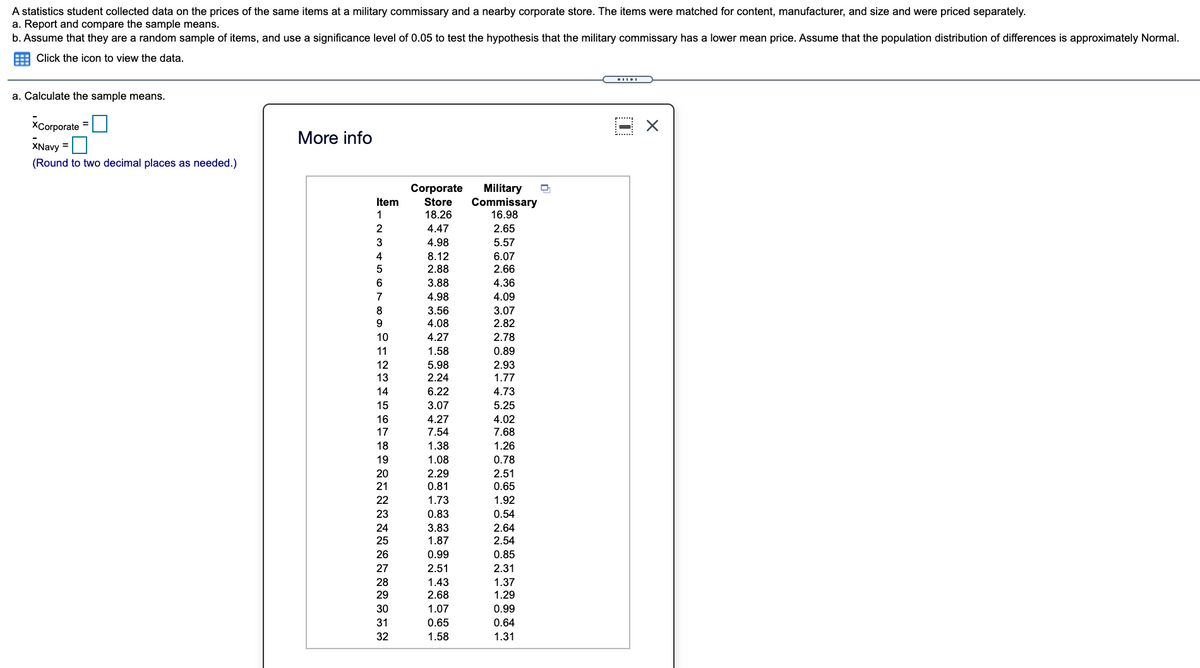 A statistics student collected data on the prices of the same items at a military commissary and a nearby corporate store. The items were matched for content, manufacturer, and size and were priced separately.
a. Report and compare the sample means.
b. Assume that they are a random sample of items, and use a significance level of 0.05 to test the hypothesis that the military commissary has a lower mean price. Assume that the population distribution of differences is approximately Normal.
Click the icon to view the data.
a. Calculate the sample means.
ХCогрoгate 3
More info
XNavy =
(Round to two decimal places as needed.)
Corporate
Military
Commissary
16.98
Item
Store
18.26
4.47
2.65
3
4.98
5.57
4
8.12
6.07
2.88
2.66
3.88
4.36
7
4.98
4.09
3.56
4.08
8
3.07
9
2.82
10
4.27
2.78
11
1.58
0.89
12
2.93
5.98
2.24
13
1.77
14
6.22
4.73
15
3.07
5.25
16
4.27
4.02
17
7.54
7.68
18
1.38
1.26
19
1.08
0.78
20
2.29
2.51
0.65
21
0.81
22
1.73
1.92
23
0.83
0.54
2.64
2.54
24
3.83
25
1.87
26
0.99
0.85
27
2.51
2.31
28
1.43
1.37
1.29
29
2.68
30
1.07
0.99
31
0.65
0.64
32
1.58
1.31
