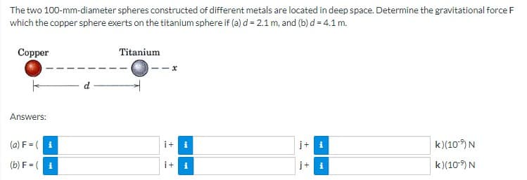 The two 100-mm-diameter spheres constructed of different metals are located in deep space. Determine the gravitational force F
which the copper sphere exerts on the titanium sphere if (a) d = 2.1 m, and (b) d = 4.1 m.
Copper
Answers:
(a)
F = (i
(b) F = (1
Titanium
--x
i+ i
i+ i
j+
j+ i
k) (10⁹) N
k) (10⁹) N