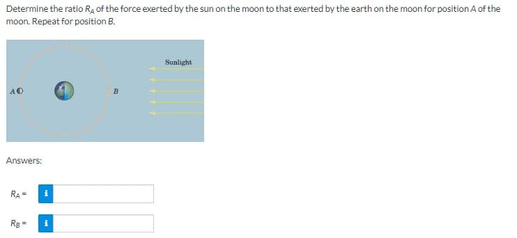 Determine the ratio RA of the force exerted by the sun on the moon to that exerted by the earth on the moon for position A of the
moon. Repeat for position B.
Answers:
RA=
i
Rg= i
B
Sunlight