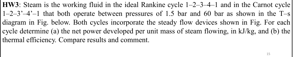 HW3: Steam is the working fluid in the ideal Rankine cycle 1–2–3–4–1 and in the Carnot cycle
1-2–3'-4'-1 that both operate between pressures of 1.5 bar and 60 bar as shown in the T-s
diagram in Fig. below. Both cycles incorporate the steady flow devices shown in Fig. For each
cycle determine (a) the net power developed per unit mass of steam flowing, in kJ/kg, and (b) the
thermal efficiency. Compare results and comment.
