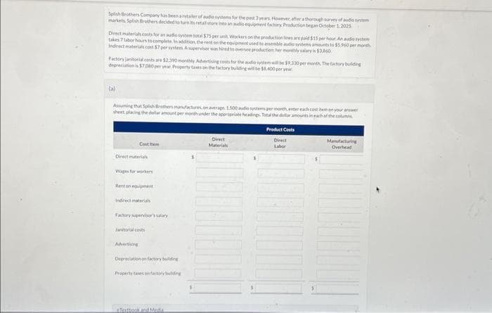 ### Splash Brothers Company Audio System Manufacturing Case Study

**Background:**
Splash Brothers Company has been a retailer of audio systems for the past 3 years. However, after a thorough survey of audio system markets, Splash Brothers decided to transition from retail into an audio equipment factory. Production began on October 1, 2025.

**Production Costs:**
Direct materials costs for an audio system total $25 per unit. Workers on the production line are paid $15 per hour. An audio system takes 7 labor hours to complete. Additionally, the rent on the factory building is $2,000 per month. Factory supervisors oversee the production process, with a supervisor's salary set at $3,000 per month.

Indirect materials cost $7 per system. A supervisor who does not oversee production has an hourly salary of $14.00.

**Factory Overhead:**
- Monthly indirect labor costs are $2,300. 
- Advertising costs for the audio system will be $1,200 per month.
- The factory building depreciation is $750.00 per year.
- Property taxes on the factory building will be $8,400 per year.

**Tasks:**
(a) Assuming that Splash Brothers manufactures, on average, 1,500 audio systems per month, enter each cost item in the given table, placing the dollar amount per month under the appropriate heading. Locate the dollar amounts in each of the columns.

#### Product Costs

| Cost Items                        | Direct Materials | Direct Labor | Manufacturing Overhead |
|-----------------------------------|------------------|--------------|-----------------------|
| Direct materials                  | $                | $            | $                     |
| Wages for workers                 | $                | $            | $                     |
| Rent on equipment                 | $                | $            | $                     |
| Indirect materials                | $                | $            | $                     |
| Factory supervisor’s salary       | $                | $            | $                     |
| Janitorial costs                  | $                | $            | $                     |
| Advertising                       | $                | $            | $                     |
| Depreciation on factory building  | $                | $            | $                     |
| Property taxes on factory building| $                | $            | $                     |

Please calculate the respective costs accurately based on given data. 

### Detailed Explanations
The purpose here is to allow students or other interested individuals to understand the breakdown of manufacturing costs in a production setup and how to allocate them