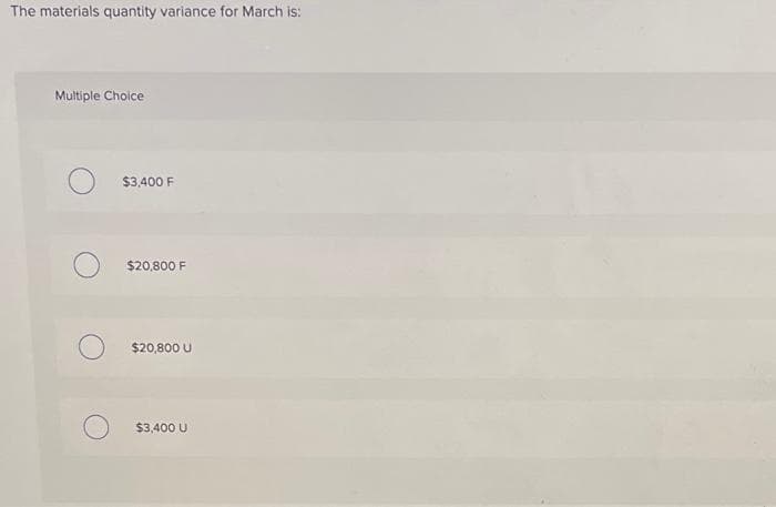 The materials quantity variance for March is:
Multiple Choice
$3,400 F
$20,800 F
$20,800 U
$3,400 U
