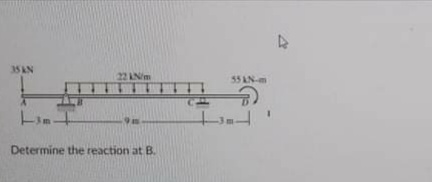 35 AN
22 AN/m
55 AN-m
Determine the reaction at B.
