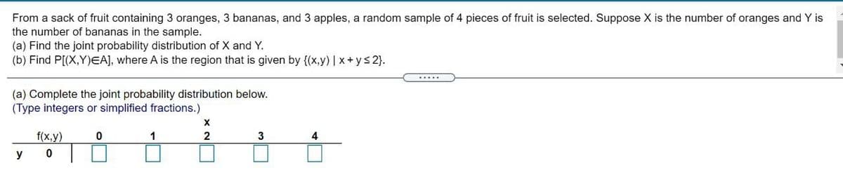 From a sack of fruit containing 3 oranges, 3 bananas, and 3 apples, a random sample of 4 pieces of fruit is selected. Suppose X is the number of oranges and Y is
the number of bananas in the sample.
(a) Find the joint probability distribution of X and Y.
(b) Find P[(X,Y)EA], where A is the region that is given by {(x,y) | x+ ys 2}.
.....
(a) Complete the joint probability distribution below.
(Type integers or simplified fractions.)
f(x,y)
1
2
3
4
y
