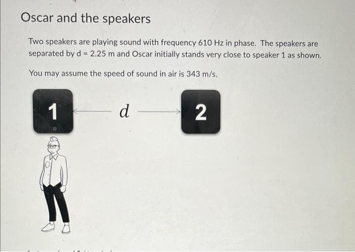 Oscar and the speakers
Two speakers are playing sound with frequency 610 Hz in phase. The speakers are
separated by d = 2.25 m and Oscar initially stands very close to speaker 1 as shown.
You may assume the speed of sound in air is 343 m/s.
1
d
2