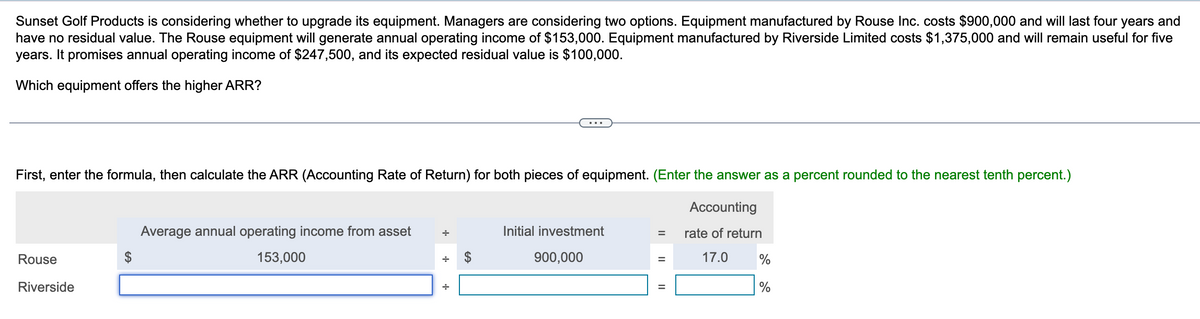 Sunset Golf Products is considering whether to upgrade its equipment. Managers are considering two options. Equipment manufactured by Rouse Inc. costs $900,000 and will last four years and
have no residual value. The Rouse equipment will generate annual operating income of $153,000. Equipment manufactured by Riverside Limited costs $1,375,000 and will remain useful for five
years. It promises annual operating income of $247,500, and its expected residual value is $100,000.
Which equipment offers the higher ARR?
First, enter the formula, then calculate the ARR (Accounting Rate of Return) for both pieces of equipment. (Enter the answer as a percent rounded to the nearest tenth percent.)
Accounting
rate of return
17.0
Rouse
Riverside
Average annual operating income from asset
153,000
Initial investment
900,000
=
||
%
%