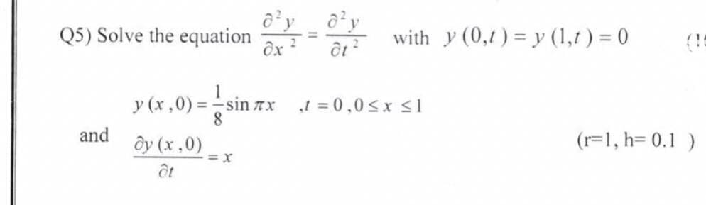 Q5) Solve the equation
dx
ôt²
1
y (x,0)=sin Tx ,t=0,0 ≤ x ≤l
8
and
dy (x,0)
=X
at
2
with y (0,1)=y (1,t) = 0
(r=1, h= 0.1)