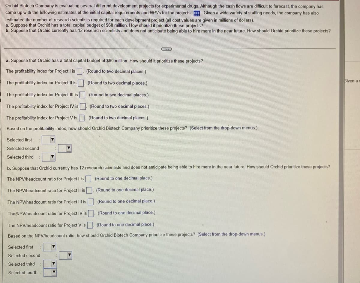Orchid Biotech Company is evaluating several different development projects for experimental drugs. Although the cash flows are difficult to forecast, the company has
come up with the following estimates of the initial capital requirements and NPVS for the projects: E Given a wide variety of staffing needs, the company has also
estimated the number of research scientists required for each development project (all cost values are given in millions of dollars).
a. Suppose that Orchid has a total capital budget of $60 million. How should it prioritize these projects?
b. Suppose that Orchid currently has 12 research scientists and does not anticipate being able to hire more in the near future. How should Orchid prioritize these projects?
a. Suppose that Orchid has a total capital budget of $60 million. How should it prioritize these projects?
The profitability index for Project I is
(Round to two decimal places.)
Given a
The profitability index for Project Il is
(Round to two decimal places.)
The profitability index for Project IIl is
(Round to two decimal places.)
The profitability index for Project IV is (Round to two decimal places.)
The profitability index for Project V is
(Round to two decimal places.)
Based on the profitability index, how should Orchid Biotech Company prioritize these projects? (Select from the drop-down menus.)
Selected first
Selected second
Selected third
b. Suppose that Orchid currently has 12 research scientists and does not anticipate being able to hire more in the near future. How should Orchid prioritize these projects?
The NPV/headcount ratio for Project I is
(Round to one decimal place.)
The NPV/headcount ratio for Project Il is
(Round to one decimal place.)
The NPV/headcount ratio for Project III is
(Round to one decimal place.)
The NPV/headcount ratio for Project IV is
(Round to one decimal place.)
The NPV/headcount ratio for Project V is
(Round to one decimal place.)
Based on the NPV/headcount ratio, how should Orchid Biotech Company prioritize these projects? (Select from the drop-down menus.)
Selected first
Selected second
Selected third
Selected fourth
