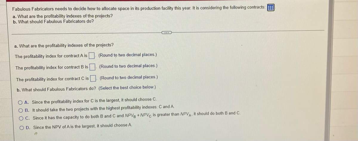 Fabulous Fabricators needs to decide how to allocate space in its production facility this year. It is considering the following contracts:
a. What are the profitability indexes of the projects?
b. What should Fabulous Fabricators do?
a. What are the profitability indexes of the projects?
The profitability index for contract A is
(Round to two decimal places.)
The profitability index for contract B is
(Round to two decimal places.)
The profitability index for contract C is
(Round to two decimal places.)
b. What should Fabulous Fabricators do? (Select the best choice below.)
O A. Since the profitability index for C is the largest, it should choose C.
O B. It should take the two projects with the highest profitability indexes: C and A.
O C. Since it has the capacity to do both B and C and NPVe + NPVC is greater than NPVA, it should do both B and C.
O D. Since the NPV of A is the largest, it should choose A.
