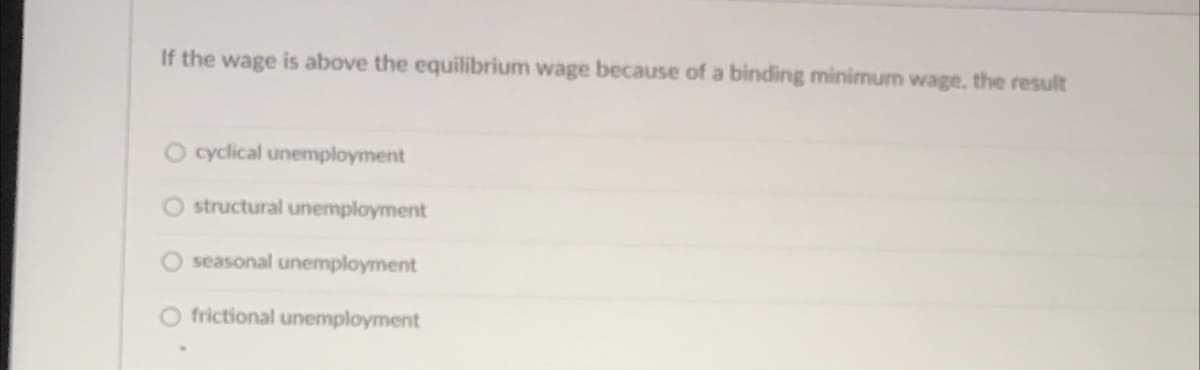 If the wage is above the equilibrium wage because of a binding minimum wage, the result
cyclical unemployment
O structural unemployment
O seasonal unemployment
O frictional unemployment
