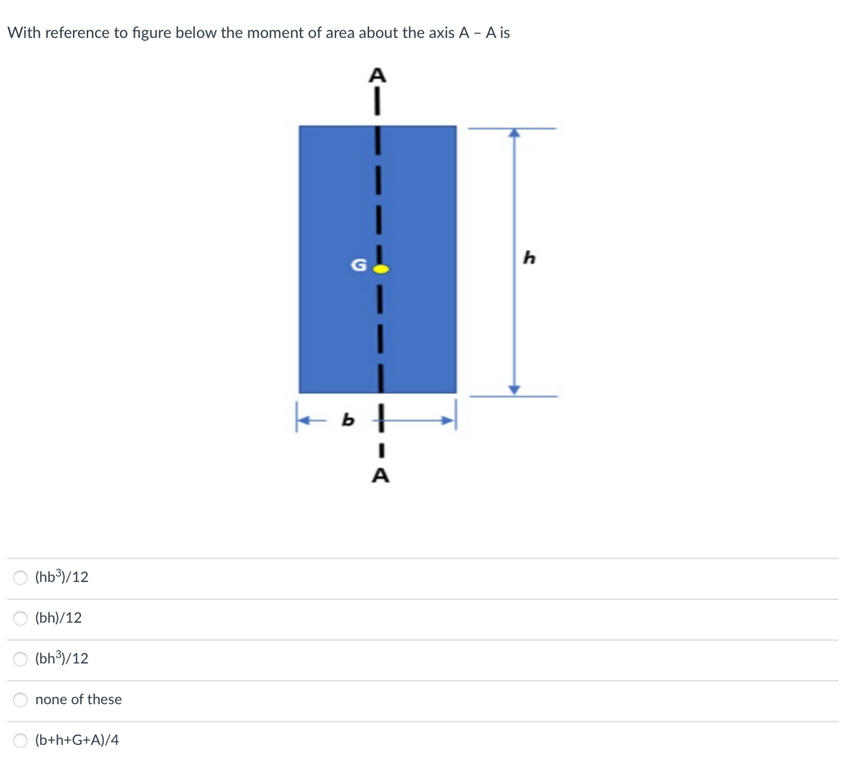 With reference to figure below the moment of area about the axis A - A is
A
(hb³)/12
(bh)/12
(bh³)/12
none of these
(b+h+G+A)/4
kot
I
A
h