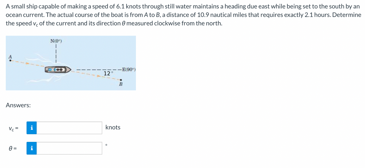 A small ship capable of making a speed of 6.1 knots through still water maintains a heading due east while being set to the south by an
ocean current. The actual course of the boat is from A to B, a distance of 10.9 nautical miles that requires exactly 2.1 hours. Determine
the speed v. of the current and its direction 0 measured clockwise from the north.
N(0°)
-E(90)
12
B
Answers:
Vc =
knots
i
