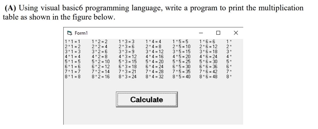 (A) Using visual basic6 programming language, write a program to print the multiplication
table as shown in the figure below.
O Form1
1 *1 = 1
2*1 = 2
3*1 = 3
4*1 = 4
5*1 =5
6*1 = 6
7*1 = 7
8*1 = 8
1*2 = 2
2*2 = 4
3*2 = 6
4 *2 = 8
5* 2 = 10
6*2 = 12
7* 2 = 14
8* 2 = 16
1*3 = 3
2* 3 = 6
3* 3 = 9
4*3 = 12
5* 3 = 15
6* 3 = 18
7* 3 = 21
8* 3 = 24
1* 4 = 4
2* 4 = 8
3* 4 = 12
4 * 4 = 16
5* 4 = 20
6* 4 = 24
7* 4 = 28
8* 4 = 32
1*5 = 5
2 *5 = 10
3* 5 = 15
4 * 5 = 20
5* 5 = 25
6 * 5 = 30
7* 5 = 35
8* 5 = 40
1* 6 = 6
2*6 = 12
3*6 = 18
4* 6 = 24
5* 6 = 30
6*6 = 36
7*6 = 42
8* 6 = 48
1 *
3*
4 *
5*
6 *
8*
Calculate
