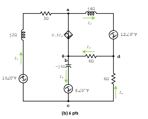 j40
30
I2
j20
0.5I,
O 1220°v
I3
d
I1
60
-j307
1020°v A
Is
60
A,078 A
Ix
(b) 6 pts
ell
