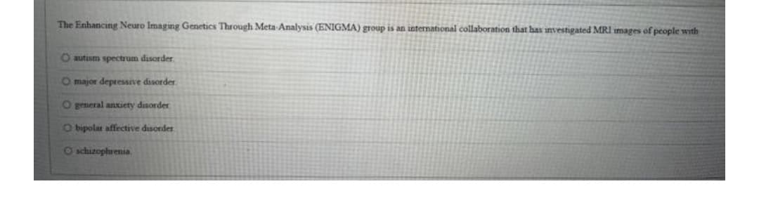 The Enhancingg Neuro Imaging Genetics Through Meta Analysis (ENIGMA) group is an international collaboration that has investigated MRI images of people with
O autism spectrum disorder
O major depressive disorder
O general anxiety disorder
Obipolar affective disorder
Oschizopluenia,
