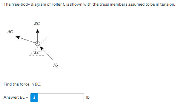 The free-body diagram of roller C is shown with the truss members assumed to be in tension.
AC
BC
32°
Find the force in BC.
Answer: BC = i
Ne
lb