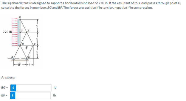 The signboard truss is designed to support a horizontal wind load of 770 lb. If the resultant of this load passes through point C,
calculate the forces in members BG and BF. The forces are positive if in tension, negative if in compression.
770 lb-
Answers:
BG-
BF-
i
i
B
8'
G
-4'
6'
6
F
in
6'
lb
lb