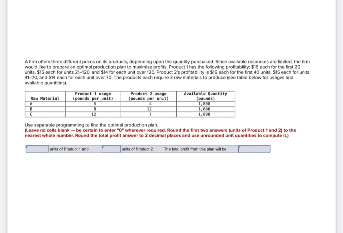 A firm offers three different prices on its products, depending upon the quantity purchased. Since available resources are limited, the firm
would like to prepare an optimal production plan to maximize profits. Product 1 has the following profitability: $16 each for the first 20
units, $15 each for units 21-120, and $14 for each unit over 120. Product 2's profitability is $16 each for the first 40 units, $15 each for units
41-70, and $14 each for each unit over 70. The products each require 3 raw materials to produce (see table below for usages and
available quantities).
Product 1 usage
(pounds per unit)
5
Raw Material
Product 2 usage
(pounds per unit)
4
Available Quantity
(pounds)
A
1,800
1,000
B
8
12
7
C
12
1,800
Use separable programming to find the optimal production plan.
(Leave no cells blank - be certain to enter "0" wherever required. Round the first two answers (units of Product 1 and 2) to the
nearest whole number. Round the total profit answer to 2 decimal places and use unrounded unit quantities to compute it.)
units of Product 1 and
units of Product 2.
The total profit from this plan will be