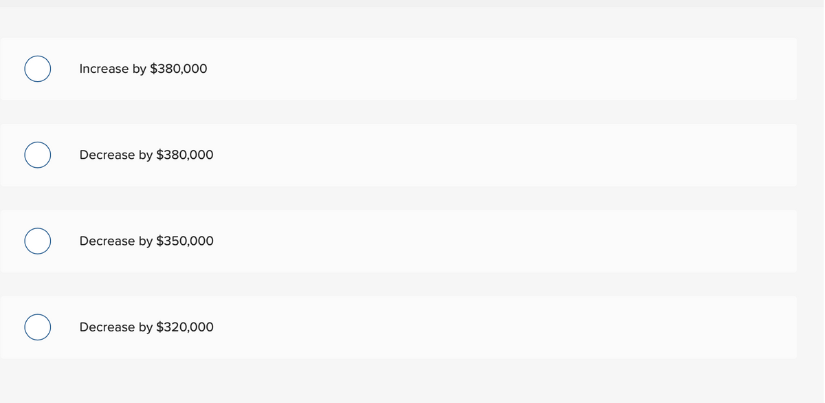 Increase by $380,000
Decrease by $380,000
Decrease by $350,000
Decrease by $320,000