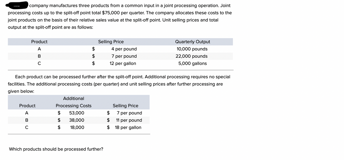 company manufactures three products from a common input in a joint processing operation. Joint
processing costs up to the split-off point total $75,000 per quarter. The company allocates these costs to the
joint products on the basis of their relative sales value at the split-off point. Unit selling prices and total
output at the split-off point are as follows:
Product
Selling Price
Quarterly Output
10,000 pounds
A
4 per pound
B
7 per pound
22,000 pounds
5,000 gallons
12 per gallon
Each product can be processed further after the split-off point. Additional processing requires no special
facilities. The additional processing costs (per quarter) and unit selling prices after further processing are
given below:
Additional
Processing Costs
Product
Selling Price
A
$
$
53,000
38,000
B
$
$
с
$ 18,000
$
Which products should be processed further?
7 per pound
11 per pound
18 per gallon