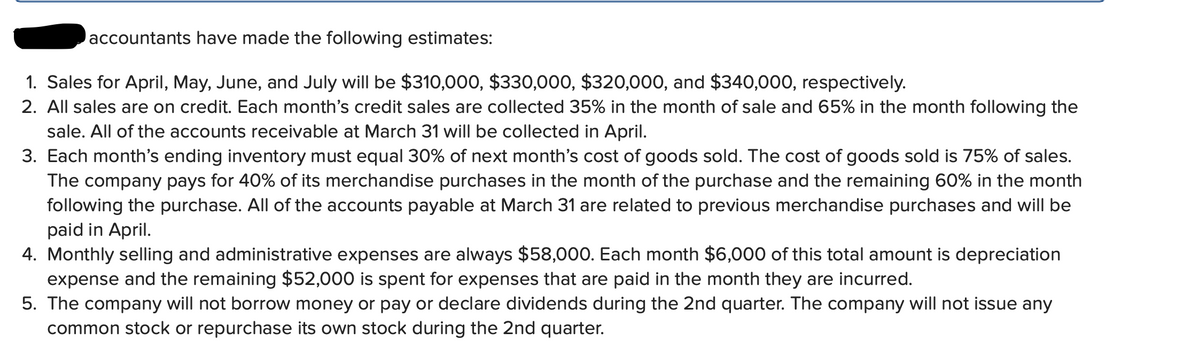 accountants have made the following estimates:
1. Sales for April, May, June, and July will be $310,000, $330,000, $320,000, and $340,000, respectively.
2. All sales are on credit. Each month's credit sales are collected 35% in the month of sale and 65% in the month following the
sale. All of the accounts receivable at March 31 will be collected in April.
3. Each month's ending inventory must equal 30% of next month's cost of goods sold. The cost of goods sold is 75% of sales.
The company pays for 40% of its merchandise purchases in the month of the purchase and the remaining 60% in the month
following the purchase. All of the accounts payable at March 31 are related to previous merchandise purchases and will be
paid in April.
4. Monthly selling and administrative expenses are always $58,000. Each month $6,000 of this total amount is depreciation
expense and the remaining $52,000 is spent for expenses that are paid in the month they are incurred.
5. The company will not borrow money or pay or declare dividends during the 2nd quarter. The company will not issue any
common stock or repurchase its own stock during the 2nd quarter.