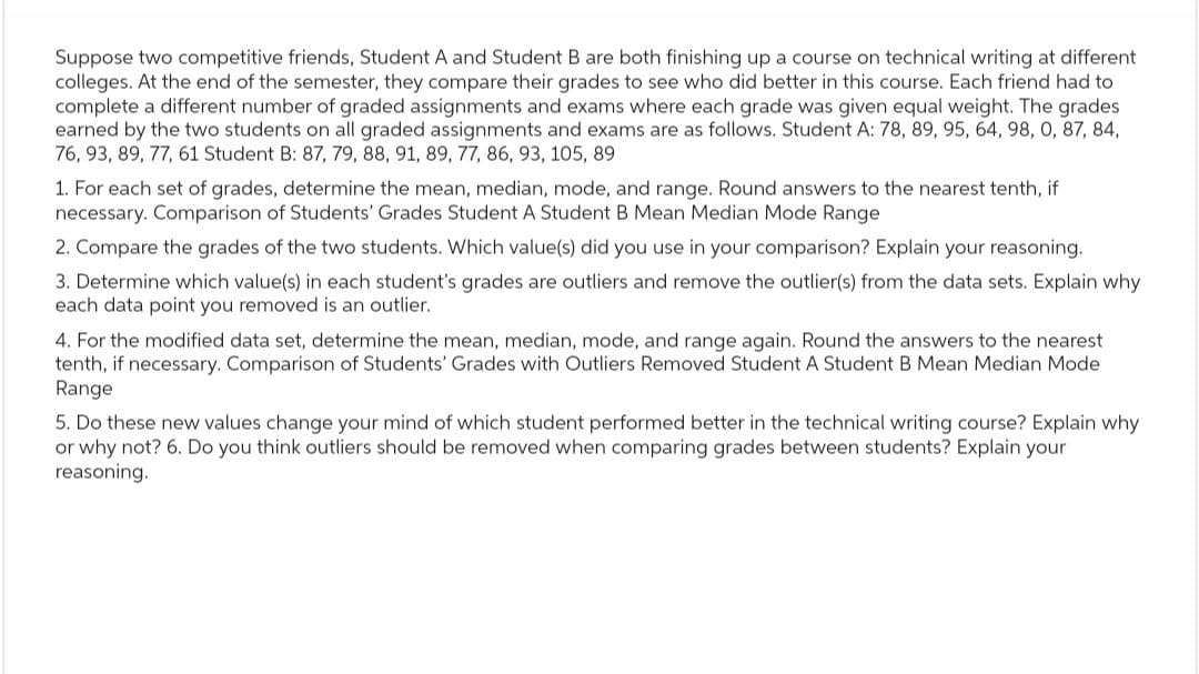 Suppose two competitive friends, Student A and Student B are both finishing up a course on technical writing at different
colleges. At the end of the semester, they compare their grades to see who did better in this course. Each friend had to
complete a different number of graded assignments and exams where each grade was given equal weight. The grades
earned by the two students on all graded assignments and exams are as follows. Student A: 78, 89, 95, 64, 98, 0, 87, 84,
76, 93, 89, 77, 61 Student B: 87, 79, 88, 91, 89, 77, 86, 93, 105, 89
1. For each set of grades, determine the mean, median, mode, and range. Round answers to the nearest tenth, if
necessary. Comparison of Students' Grades Student A Student B Mean Median Mode Range
2. Compare the grades of the two students. Which value(s) did you use in your comparison? Explain your reasoning.
3. Determine which value(s) in each student's grades are outliers and remove the outlier(s) from the data sets. Explain why
each data point you removed is an outlier.
4. For the modified data set, determine the mean, median, mode, and range again. Round the answers to the nearest
tenth, if necessary. Comparison of Students' Grades with Outliers Removed Student A Student B Mean Median Mode
Range
5. Do these new values change your mind of which student performed better in the technical writing course? Explain why
or why not? 6. Do you think outliers should be removed when comparing grades between students? Explain your
reasoning.