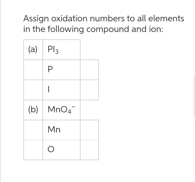 Assign oxidation numbers to all elements
in the following compound and ion:
(a) Pl3
P
|
(b) MnO4
Mn
O