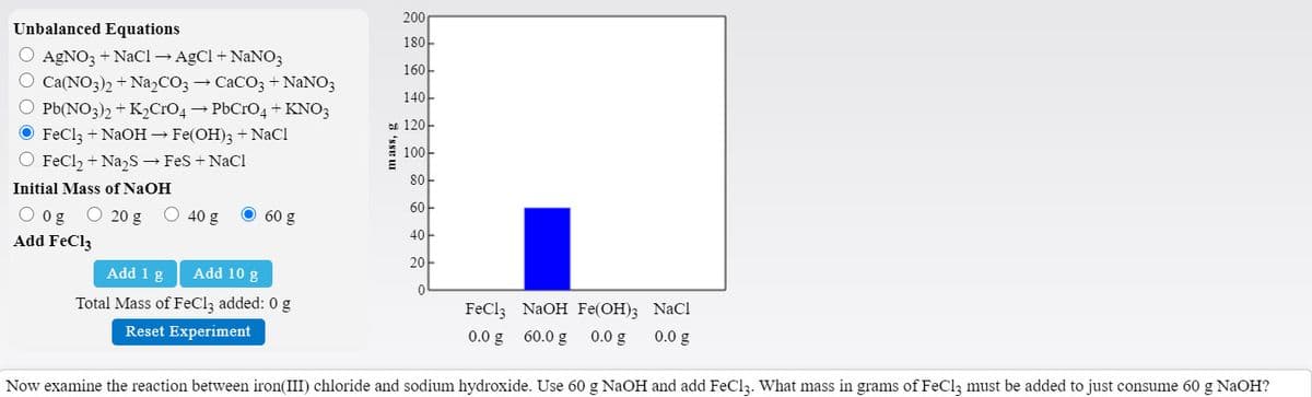 200
Unbalanced Equations
180
O AGNO3 + NaCl → AgCl + NANO3
O Ca(NO3)2 + Na,CO3 → CaCO3 + NaNO3
O Pb(NO3)2 + K2CIO4→ PbCrO4 + KNO;
O FeClz + NaOH → Fe(OH); + NaCl
O FeCl, + NazS Fes + NaCI
160-
140-
an 120-
100
80
Initial Mass of NaOH
60-
O og
O 20 g
O 40 g
O 60 g
40
Add FeCl3
20-
Add 1 g
Add 10 g
Total Mass of FeCl, added: 0 g
FeCl, NaOH Fe(OH); NaCI
Reset Experiment
0.0 g 60.0 g
0.0 g
0.0 g
Now examine the reaction between iron(III) chloride and sodium hydroxide. Use 60 g NaOH and add FeCl3. What mass in grams of FeClz must be added to just consume 60 g NaOH?
mass, g
