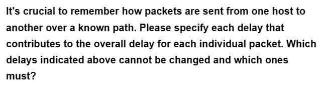 It's crucial to remember how packets are sent from one host to
another over a known path. Please specify each delay that
contributes to the overall delay for each individual packet. Which
delays indicated above cannot be changed and which ones
must?