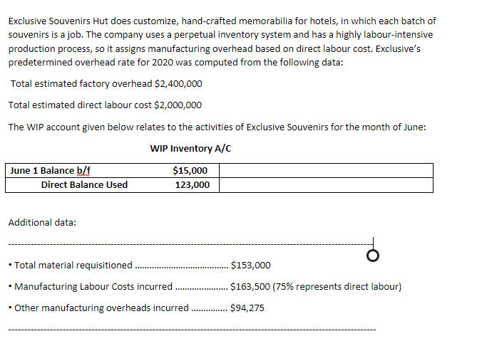 Exclusive Souvenirs Hut does customize, hand-crafted memorabilia for hotels, in which each batch of
souvenirs is a job. The company uses a perpetual inventory system and has a highly labour-intensive
production process, so it assigns manufacturing overhead based on direct labour cost. Exclusive's
predetermined overhead rate for 2020 was computed from the following data:
Total estimated factory overhead $2,400,000
Total estimated direct labour cost $2,000,000
The WIP account given below relates to the activities of Exclusive Souvenirs for the month of June:
WIP Inventory A/C
June 1 Balance b/lf
$15,000
Direct Balance Used
123,000
Additional data:
• Total material requisitioned .
$153,000
• Manufacturing Labour Costs incurred
$163,500 (75% represents direct labour)
• Other manufacturing overheads incurred
$94,275
........
