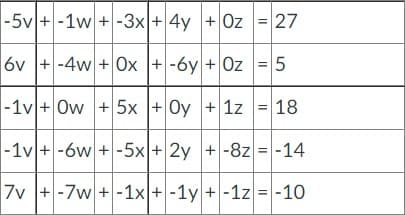 -5v + -1w +-3x + 4y +Oz = 27
6v + -4w + Ox + -6y + Oz = 5
-1v+Ow + 5x + Oy + 1z = 18
-1v+-6w+-5x + 2y +-8z = -14
7v +-7w+-1x
+ -1y + -1z = -10