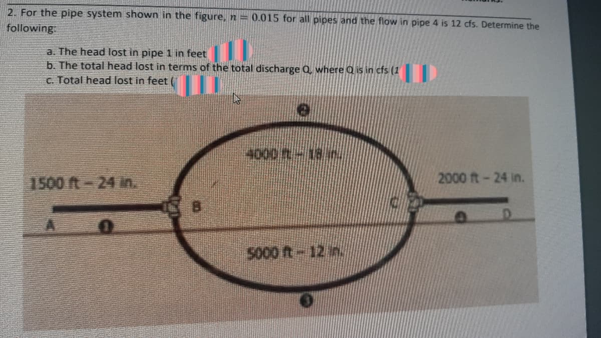 2. For the pipe system shown in the figure, n = 0.015 for all pipes and the flow in pipe 4 is 12 cfs. Determine the
following:
a. The head lost in pipe 1 in feet
b. The total head lost in terms of the total discharge Q, where Q is in cfs (1
C. Total head lost in feet
4000 -18.
1500 ft-24 in.
2000 ft-24 in.
5000 ft-12 n.
