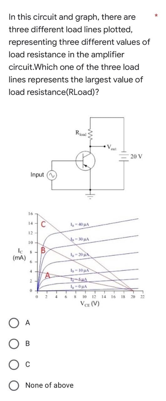 In this circuit and graph, there are
three different load lines plotted,
representing three different values of
load resistance in the amplifier
circuit. Which one of the three load
lines represents the largest value of
load resistance(RLoad)?
Road
20 V
Input
Ic
(mA)
16
14 C
12
10
B
8
4
2
0
0
2
T
4
6
1-40 μA
30 μA
la-20 A
la-10 µA
SμA
1₂-0μA
8
A
B
C
O None of above
V
out
T
10 12 14 16
VCE (V)
18
20
22