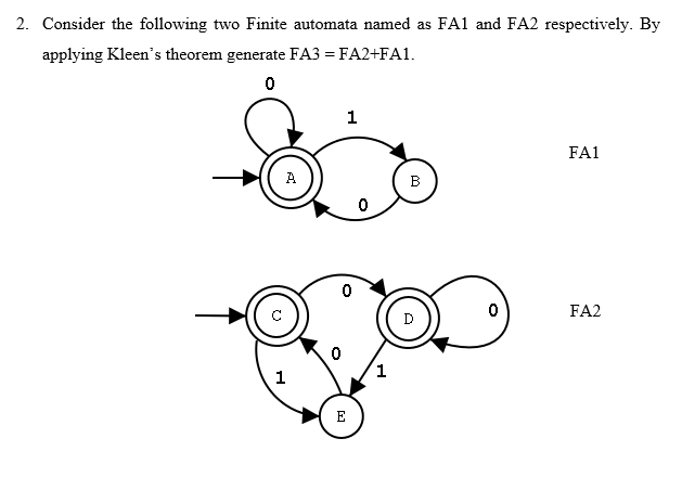 2. Consider the following two Finite automata named as FA1 and FA2 respectively. By
applying Kleen's theorem generate FA3 = FA2+FA1.
FA1
A
B
D
FA2
1
E
