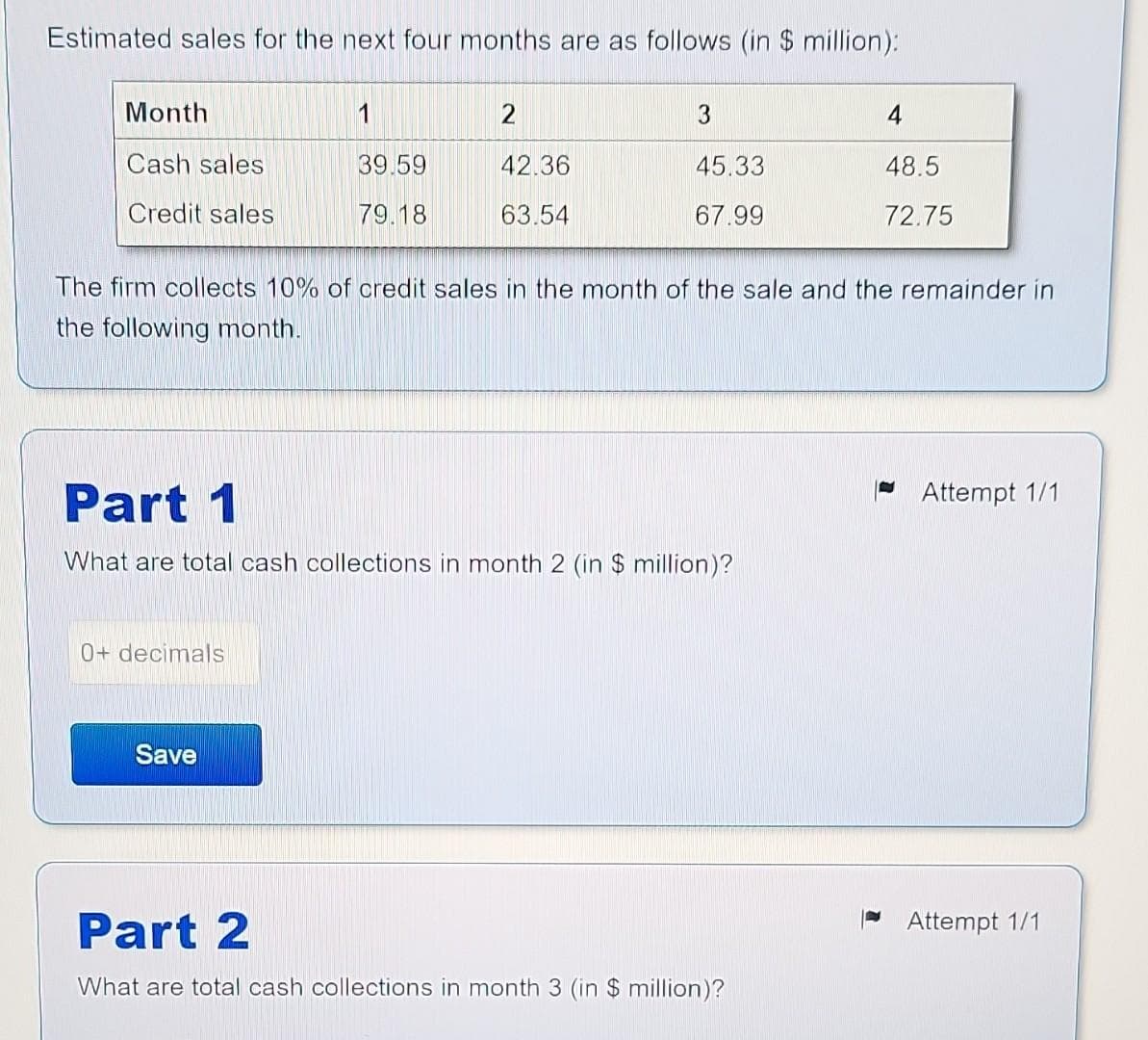 Estimated sales for the next four months are as follows (in $ million):
Month
Cash sales
Credit sales
1
0+ decimals
39.59
79.18
Save
2
42.36
63.54
3
45.33
67.99
The firm collects 10% of credit sales in the month of the sale and the remainder in
the following month.
Part 1
What are total cash collections in month 2 (in $ million)?
4
48.5
72.75
Part 2
What are total cash collections in month 3 (in $ million)?
Attempt 1/1
Attempt 1/1