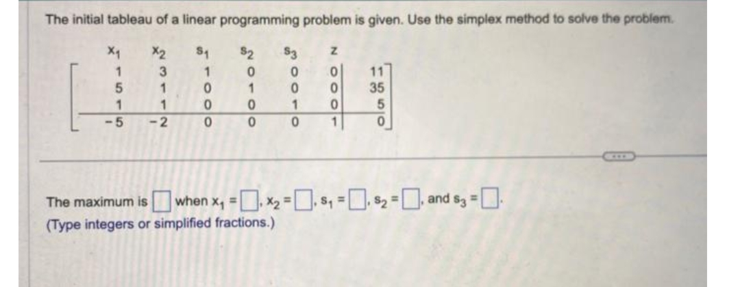 The initial tableau of a linear programming problem is given. Use the simplex method to solve the problem.
S₁
1
X₁
1
5
1
<-5
23112
0
0
0
$2 $3
Z
0
0
0
0
1 0
0
1
0
1
0
0
11
35
ola
The maximum is when x₁ = x₂=₁ $₁ = $₂=, and $₂ =
(Type integers or simplified fractions.)