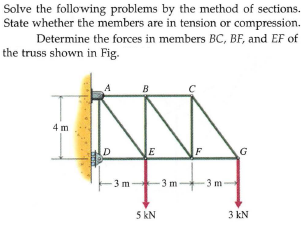 Solve the following problems by the method of sections.
State whether the members are in tension or compression.
Determine the forces in members BC, BF, and EF of
the truss shown in Fig.
B
4 m
E
F
G
3 m
-3 m
3 m
5 kN
3 kN
