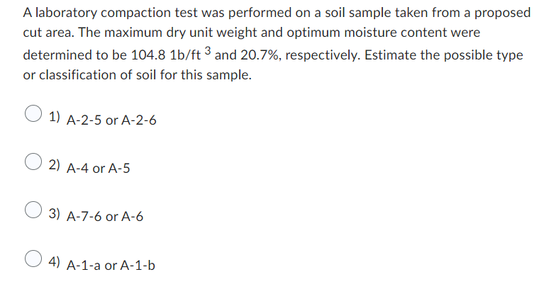 A laboratory compaction test was performed on a soil sample taken from a proposed
cut area. The maximum dry unit weight and optimum moisture content were
determined to be 104.8 1b/ft 3 and 20.7%, respectively. Estimate the possible type
or classification of soil for this sample.
1) A-2-5 or A-2-6
2) A-4 or A-5
3) A-7-6 or A-6
4) A-1-a or A-1-b