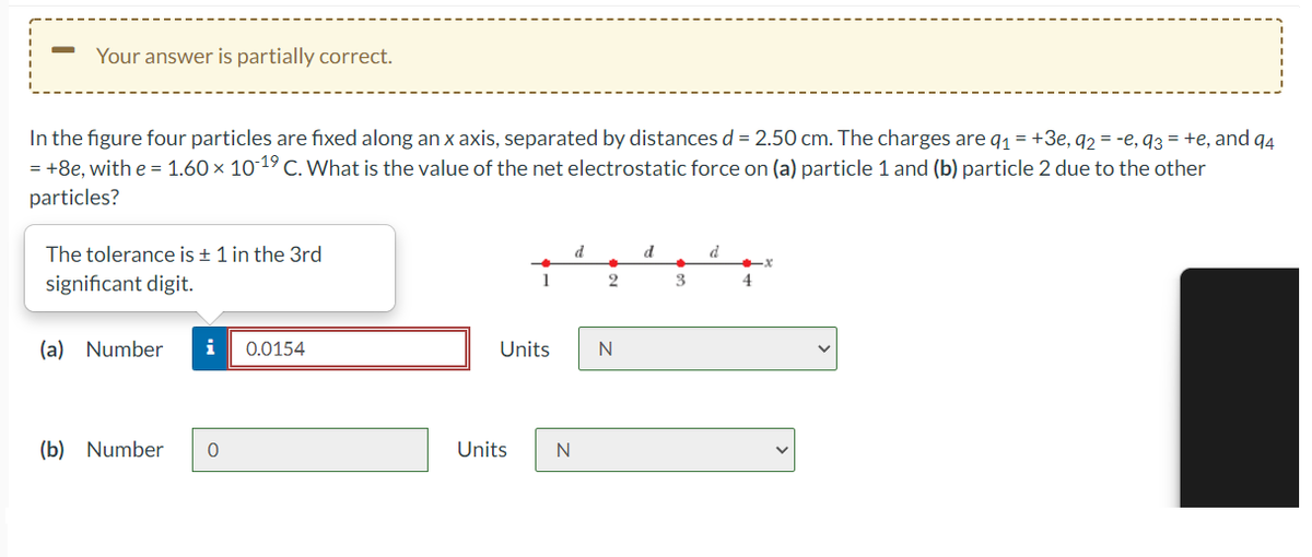 Your answer is partially correct.
In the figure four particles are fixed along anx axis, separated by distancesd = 2.50 cm. The charges are q1 = +3e, q2 = -e, 93 = +e, and q4
= +8e, with e = 1.60 × 10 19 C. What is the value of the net electrostatic force on (a) particle 1 and (b) particle 2 due to the other
particles?
The tolerance is ± 1 in the 3rd
d
d
d
significant digit.
1
3
4
(a) Number
i
0.0154
Units
(b) Number
Units
N
