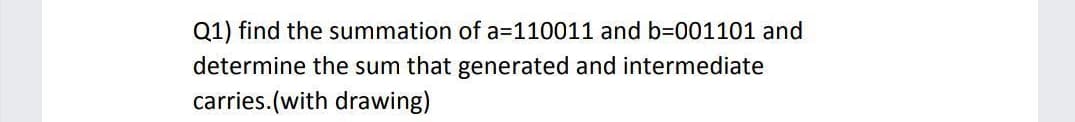 Q1) find the summation of a=110011 and b=001101 and
determine the sum that generated and intermediate
carries.(with drawing)
