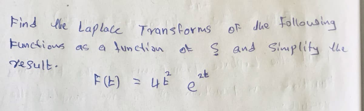 OF Jhe Followsing
E and Sinplity the
Find he Laplace Transforms
Functious as a function of
Yesult.
F (E) = 45
e
