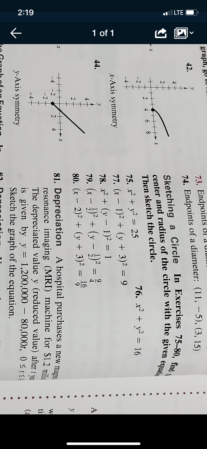 74. Elnupum
Sketching a Circle In Exercises 75-80, find
center and radius of the circle with the given equati
Then sketch the circle.
76. x + y2 = 16
75. x + y2 = 25
