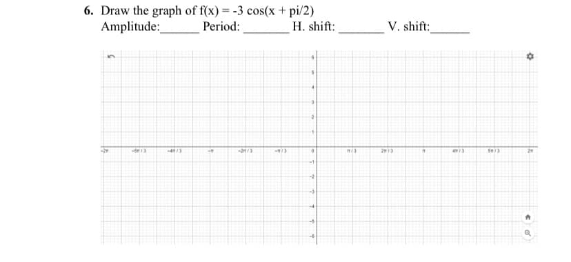 6. Draw the graph of f(x) = -3 cos(x + pi/2)
Period:
Amplitude:
H. shift:
V. shift:
2
-2n
2
-1
-2
-)
-4
